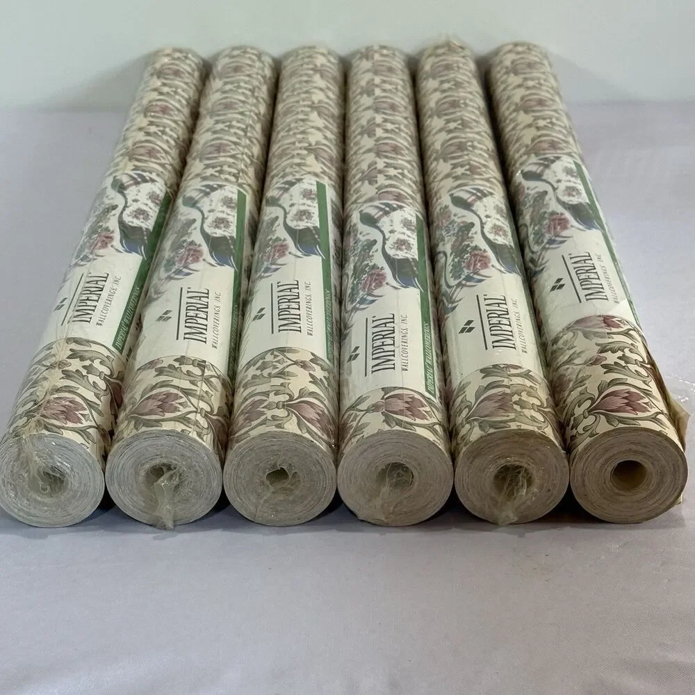 6 Rolls Vintage Imperial Wallpaper Floral Damask Mauve Pink Green Cottagecore